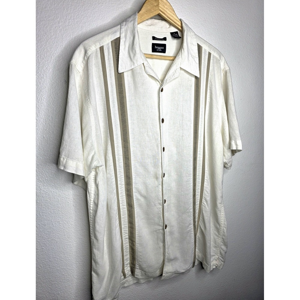 Haggar XL White Linen Blend Embroidered Shirt Mens Old Money Coastal Resort Boho